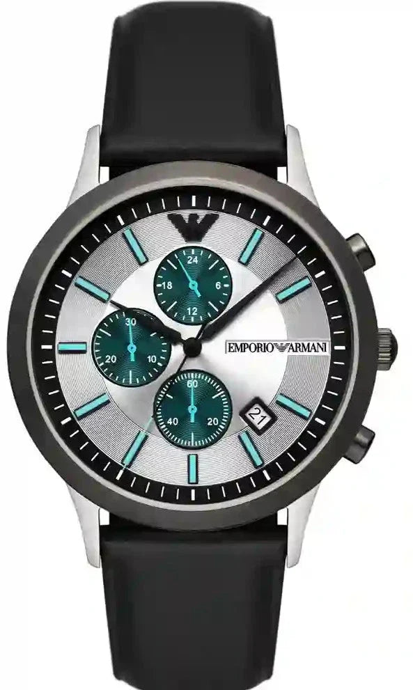 Emporio Armani Renato Chronograph Silver Dial Black Leather Strap Watch for Men - AR11473