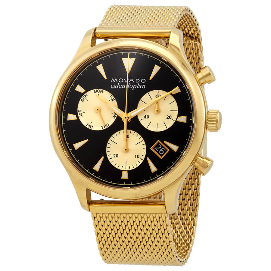 Movado Heritage Calendoplan Chronograph Black Dial Gold Mesh Strap Watch for Men - 3650098