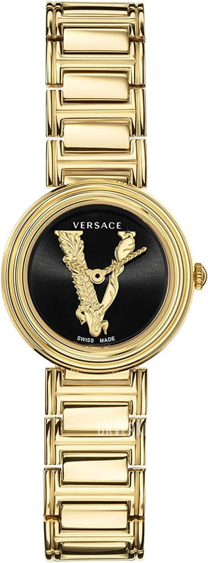 Versace V Virtus Quartz Black Dial Gold Steel Strap Watch For Women - VET300121