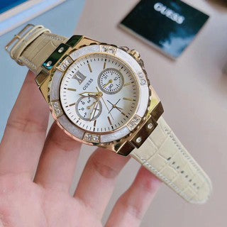 Guess Limelight Quartz Silver Dial Golden Leather Strap Watch For Women - W0775L2