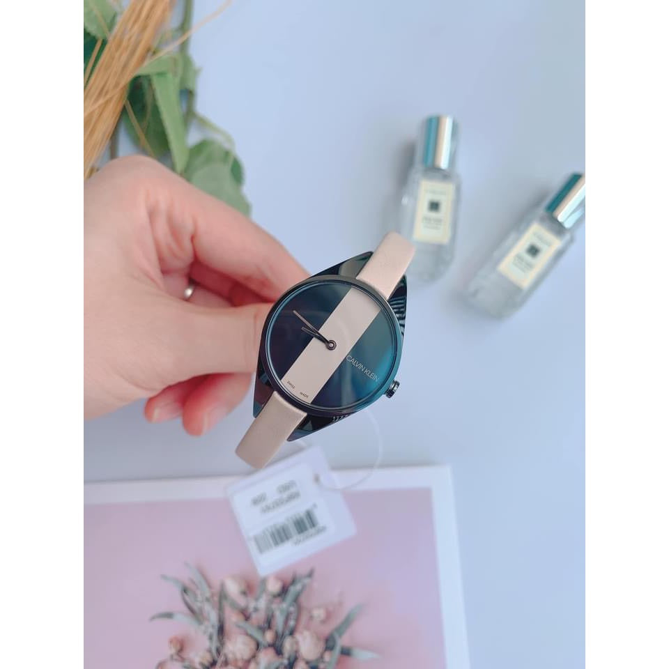 Calvin Klein Rebel Cream Black Dial Cream Leather Strap Watch for Women - K8P237X1