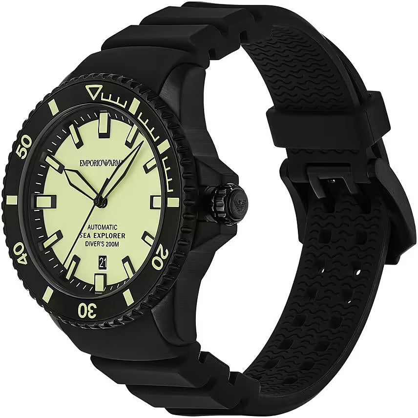 Emporio Armani Sea Explorer Automatic Yellow Dial Black Silicone Strap Watch For Men - AR60085