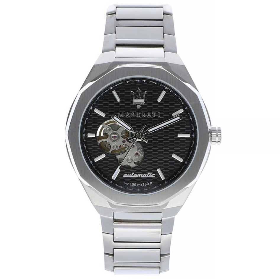 Maserati Stile Skeleton Automatic Black Dial Silver Steel Strap Watch For Men - R8823142002