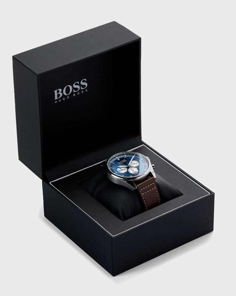 Hugo Boss Pioneer Chronograph Blue Dial Brown Leather Strap Watch For Men - 1513709