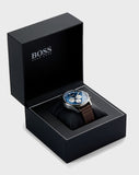 Hugo Boss Pioneer Chronograph Blue Dial Brown Leather Strap Watch For Men - 1513709