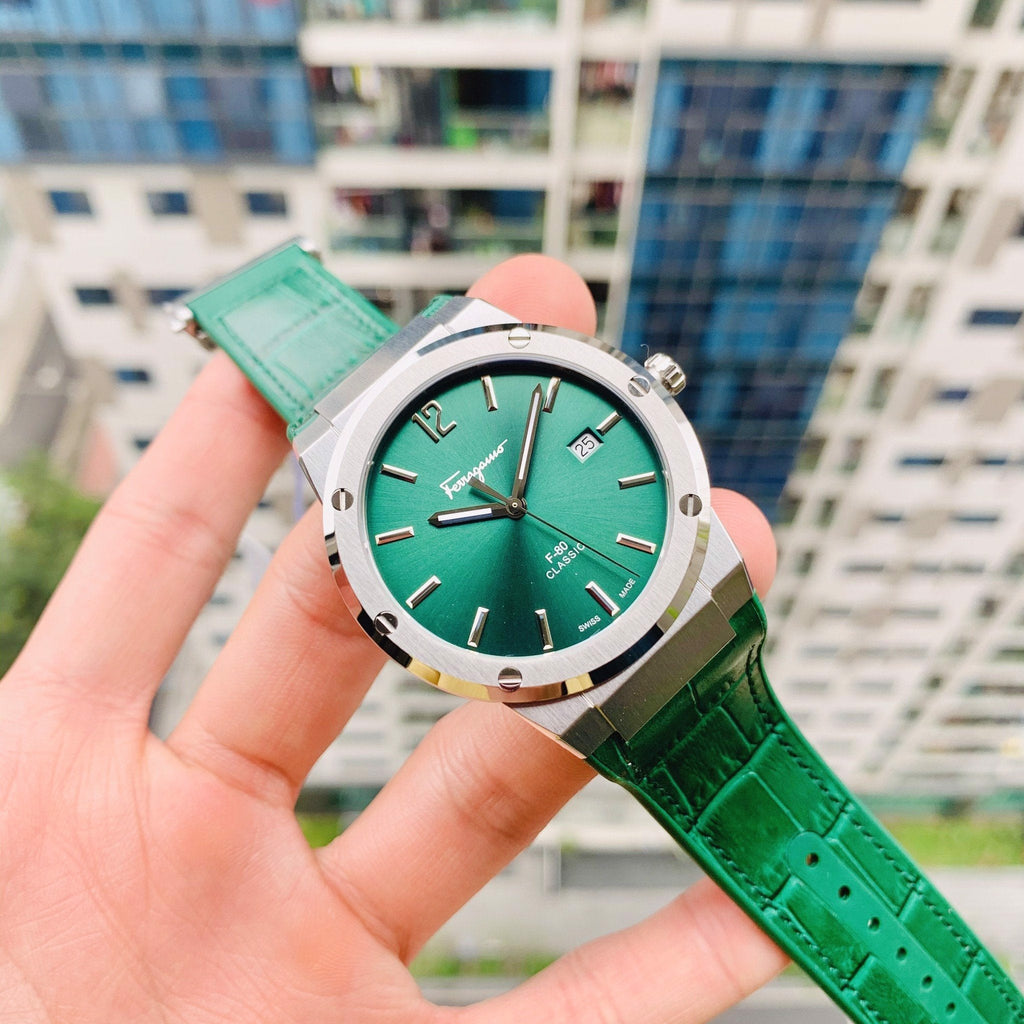 Salvatore Ferragamo F-80 Classic Green Dial Green Leather Strap Watch for Men - SFDT00119