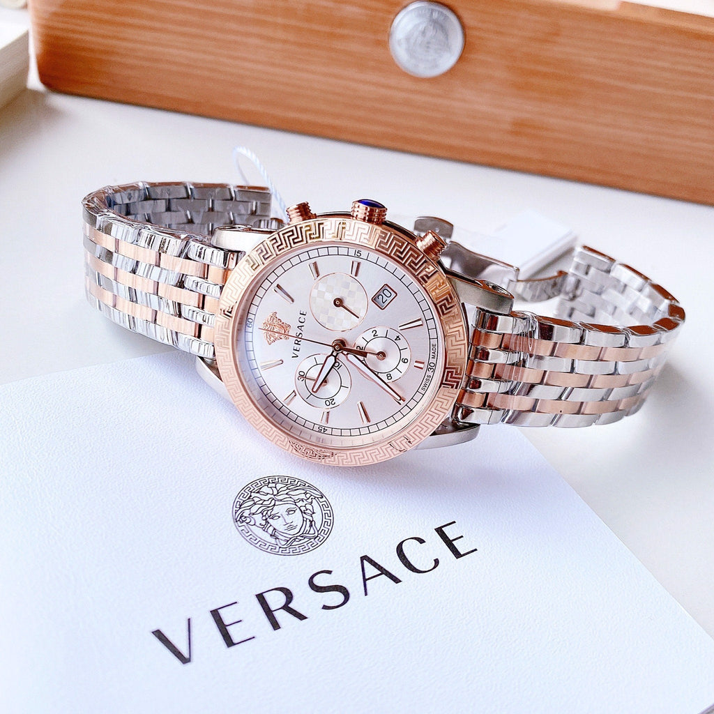 Versace Sport Tech Chronograph While Dial Two Tone Steel Strap Watch for Men - VELT00319