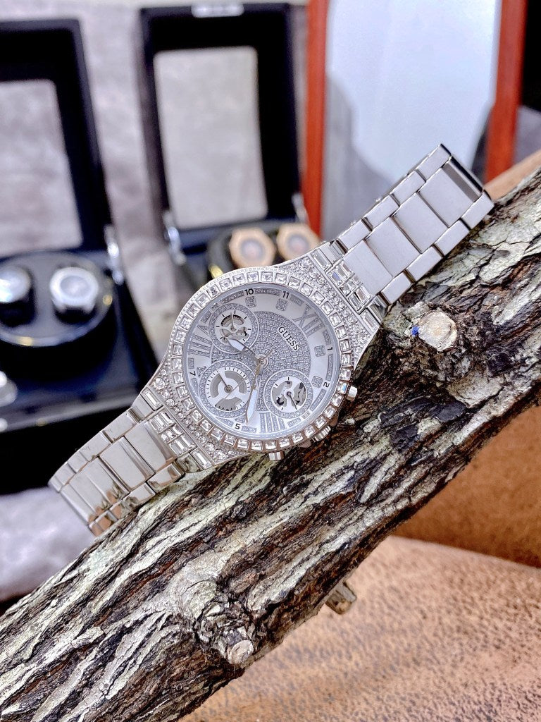 Guess Moonlight Multi Function Diamonds Silver Dial Silver Steel Strap Watch for Women - GW0320L1