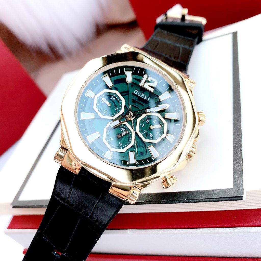 Guess Edge Chronograph Green Dial Black Leather Strap Watch For Men - GW0492G3