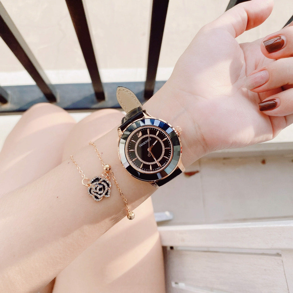 Swarovski Octea Lux Black Dial Black Leather Strap Watch for Women - 5414410