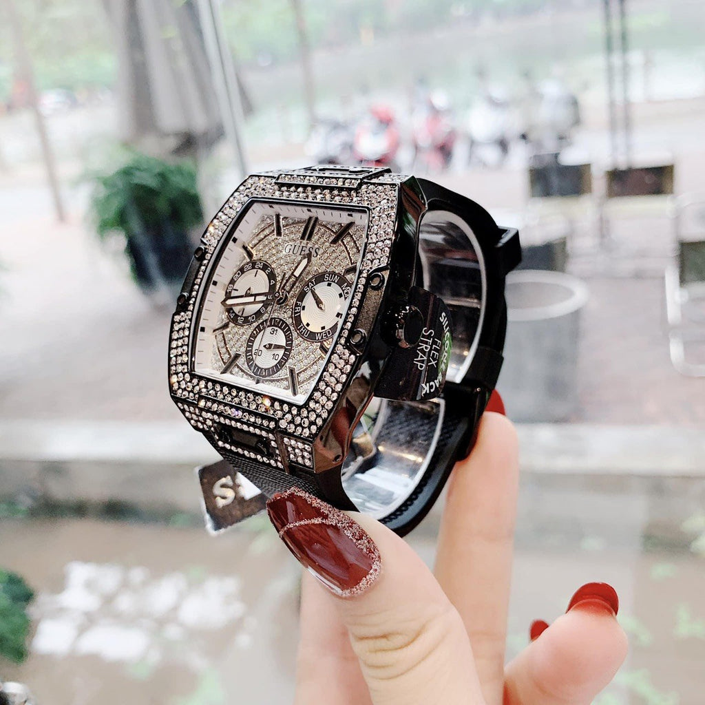 Guess Phoenix Multifunction Silver Dial Black Silicone Strap Watch For Men - GW0048G1