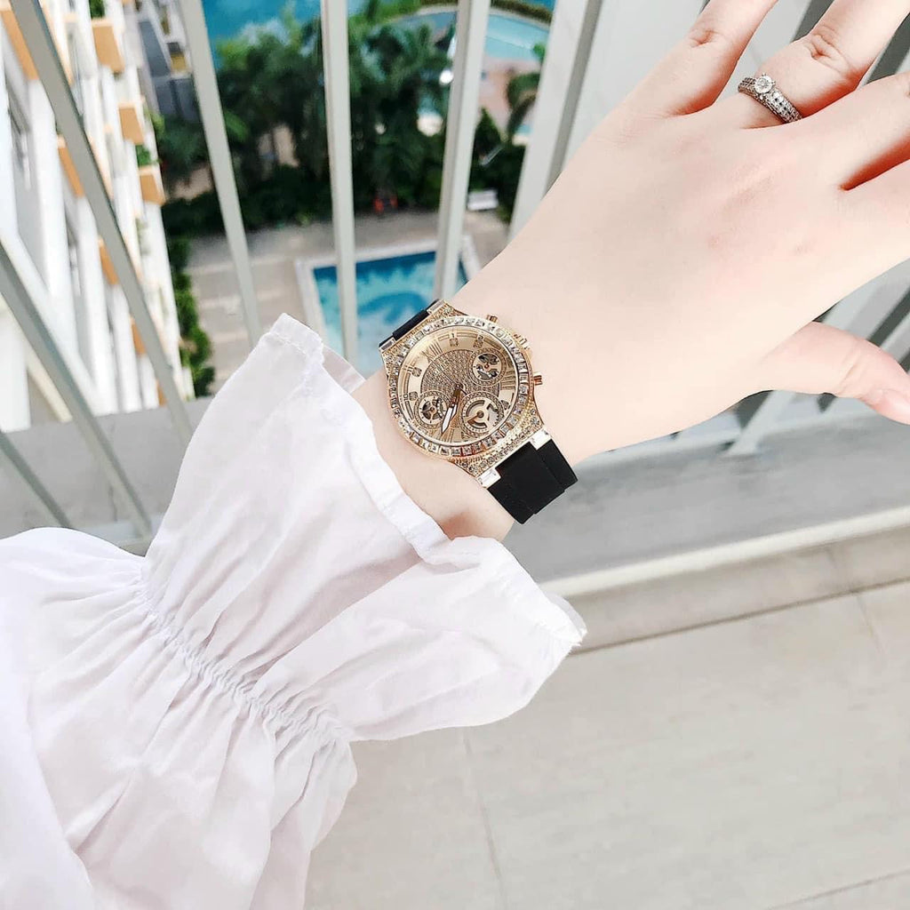 Guess GW0257L1 Moonlight Crystals Women’s Watch – Silver Dial & Black Silicone Strap