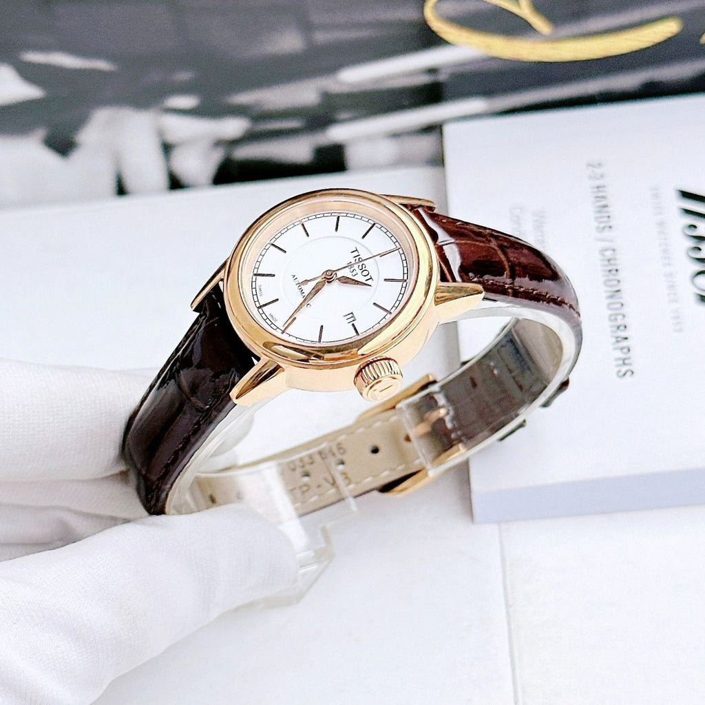 Tissot T085.207.36.011.00 Carson Automatic Women's Watch – White Dial & Brown Leather Strap