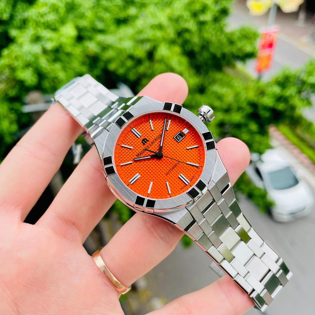 Maurice Lacroix AI6008 Aikon Limited Edition Automatic Date Men’s Watch – Orange Dial & Silver Steel Strap
