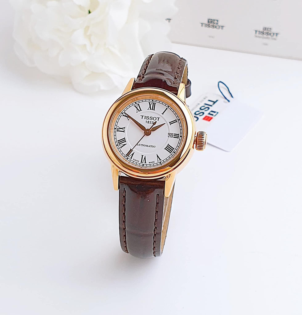Tissot T085.207.36.013.00 T-Classic Carson Women's Watch – White Dial & Brown Leather Strap