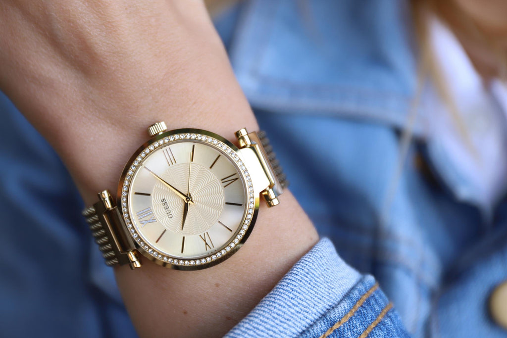 Guess Soho Champagne Dial Stainless Steel Mesh Bracelet Watch For Women - W0638L2