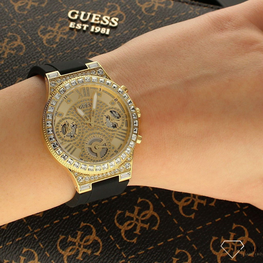 Guess GW0257L1 Moonlight Crystals Women’s Watch – Silver Dial & Black Silicone Strap