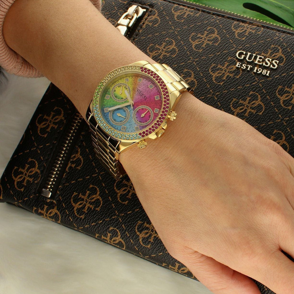 Guess GW0483L4 Confetti Chronograph Women's Watch – Rainbow Dial & Gold Steel Bracelet