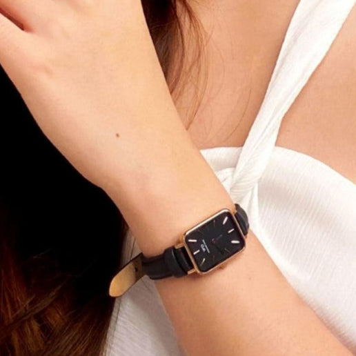 Daniel Wellington DW00100435 Quadro Sheffield Women's Watch – Black Dial & Leather Strap