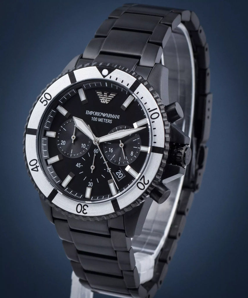 Emporio Armani Diver Chronograph Black Dial Black Steel Strap Watch For Men - AR80050