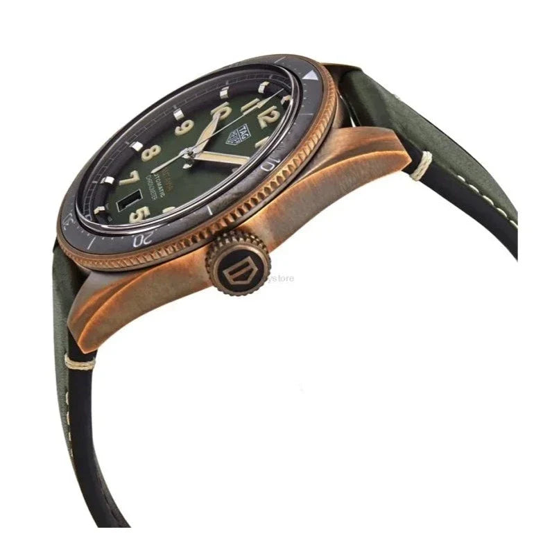Tag Heuer Autavia Calibre 5 Automatic Olive Green Dial Green Leather Strap Watch for Men - WBE5190.FC8268