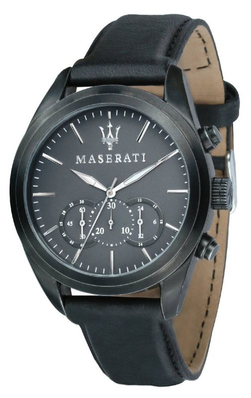 Maserati Traguardo Black Leather Strap Quartz Black Dial Watch For Men - R8871612019