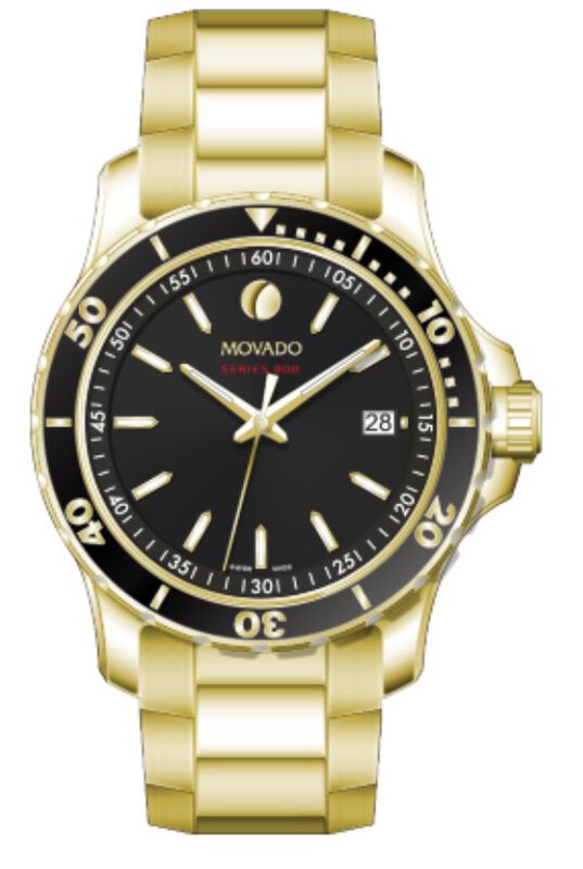Movado Series 800 Black Dial Gold Steel Strap Watch For Men - 2600145