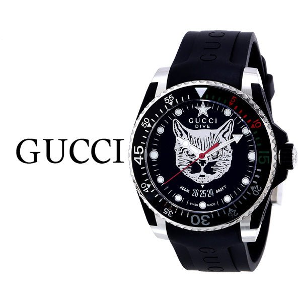 Gucci Dive Feline Black Dial Black Rubber Strap Watch For Men - YA136320