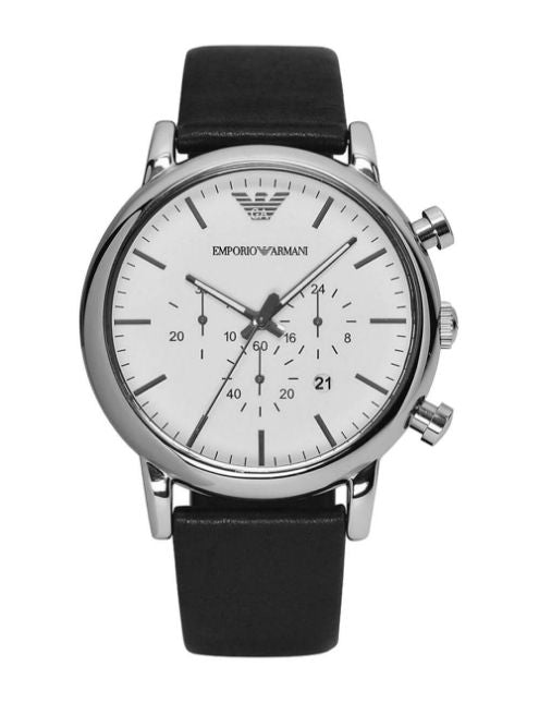 Emporio Armani Classic Quartz Chronograph White Dial Black Leather Strap Watch For Men - AR1807
