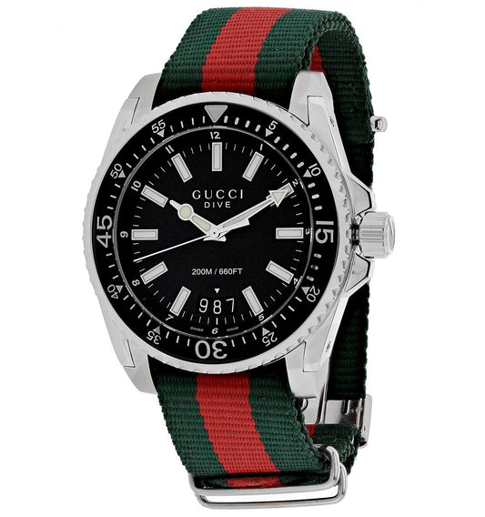 Gucci Dive Black Dial Green & Red Nylon Strap Watch For Men - YA136206