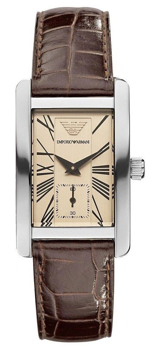 Emporio Armani Classic Beige Dial Brown Leather Strap Watch For Men - AR0154