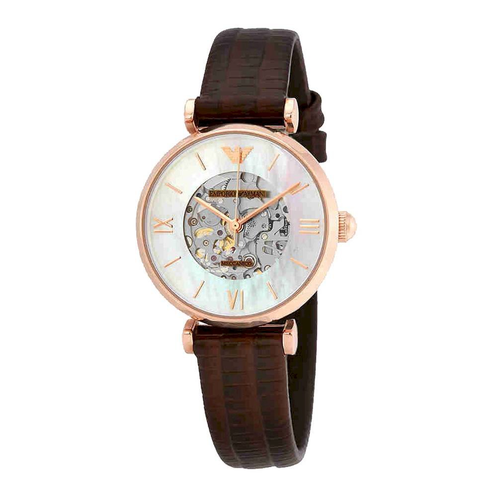 Emporio Armani Meccanico Skeleton Mother of Pearl Dial Brown Leather Strap Watch For Women - AR1993