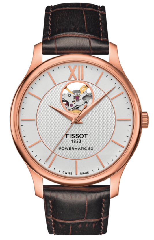 Tissot Tradition Powermatic 80 Open Heart Silver Dial Brown Leather Strap Watch For Men - T063.907.36.038.00