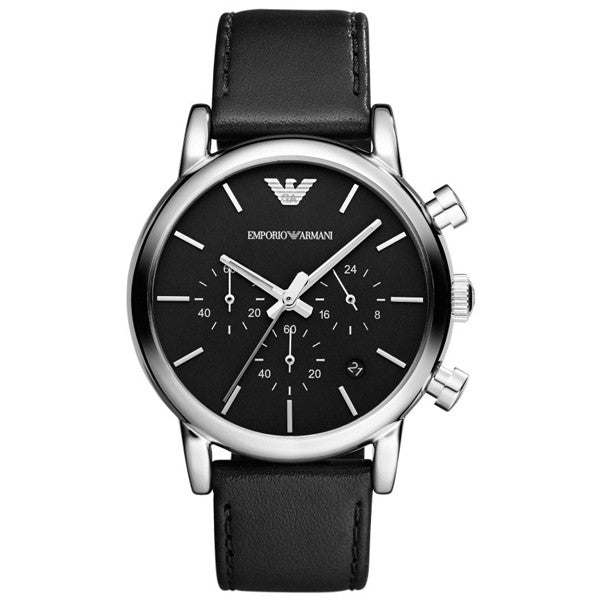 Emporio Armani Classic Chronograph Black Dial Black Leather Strap Watch For Men - AR1733