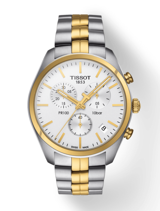 Tissot T Sport PR 100 Chronograph White Dial Two Tone Steel Strap Watch For Men - T101.417.22.031.00