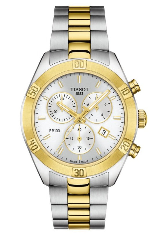 Tissot PR 100 Sport Chic Chronograph Silver Dial Two Tone Steel Strap Watch For Women - T101.917.22.031.00