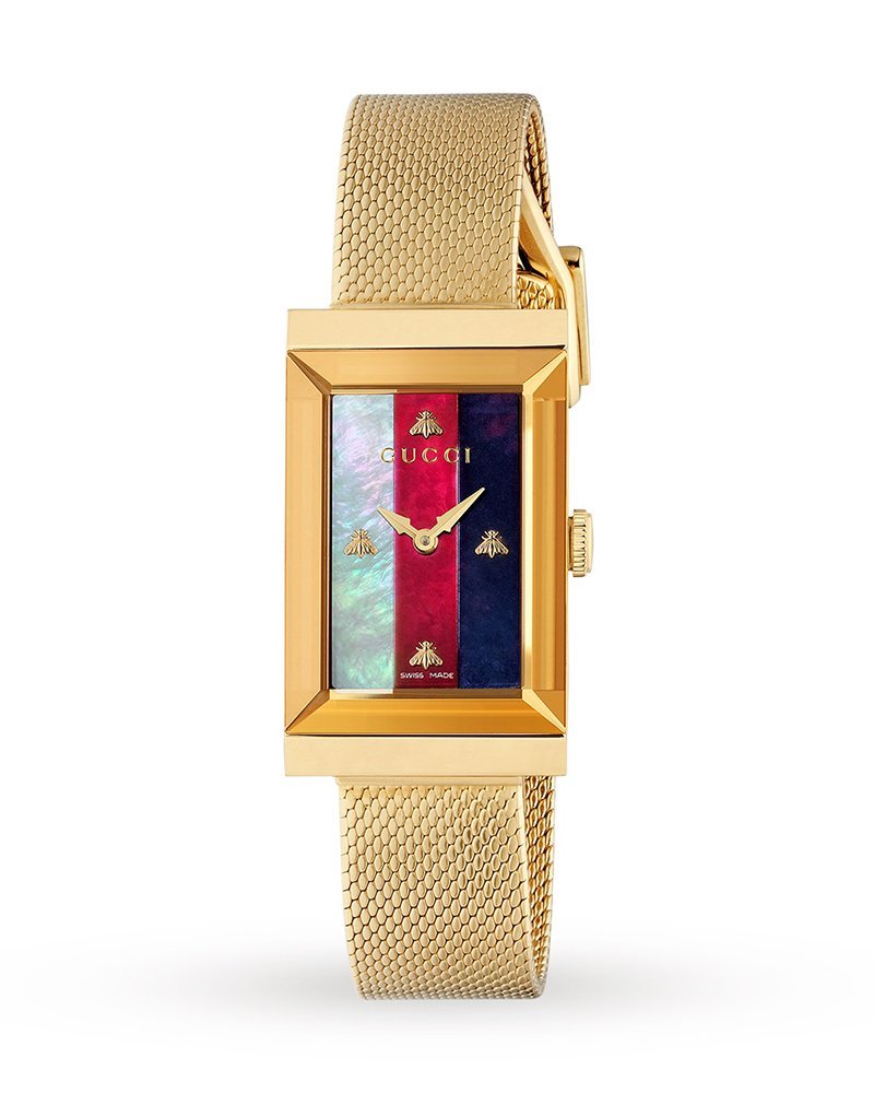Gucci G Frame Mother of Pearl Dial Gold Mesh Bracelet Watch For Women - YA147410