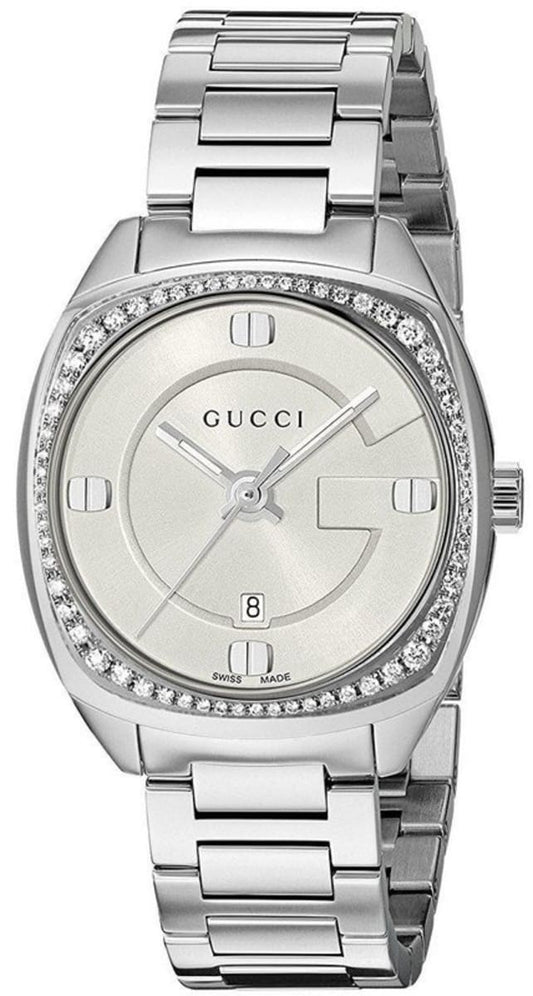 Gucci G Frame Diamonds White Dial Silver Steel Strap Watch For Women - YA142506