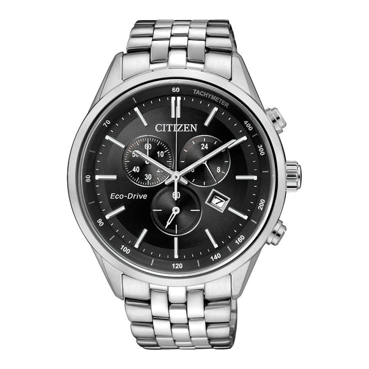 Citizen Eco-Drive Chronograph Black Dial Silver Stainless Steel Watch For Men - AT2140-55E