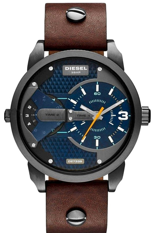 Diesel Mini Daddy Analog Blue Dial Brown Leather Strap Watch For Men - DZ7339