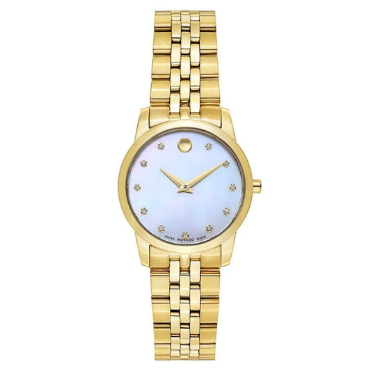 Movado Museum Classic Mother of Pearl Gold Steel Strap Watch For Women - 0606998