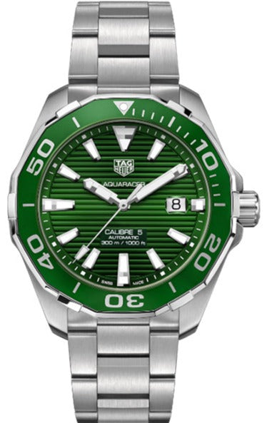 Tag Heuer Aquaracer Calibre 5 Automatic Green Dial Silver Steel Strap Watch for Men - WAY201S.BA0927