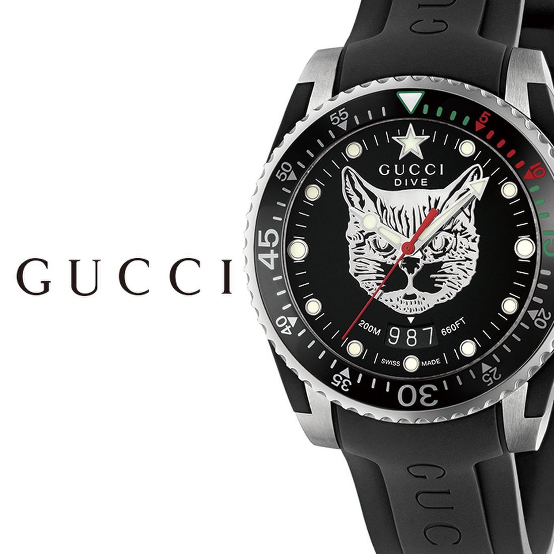 Gucci Dive Feline Black Dial Black Rubber Strap Watch For Men - YA136323