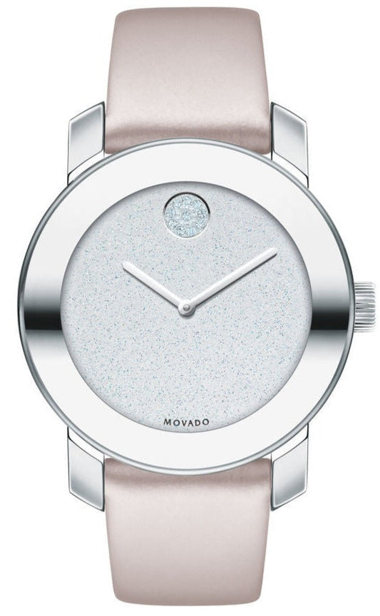 Movado Bold Silver Glitter Dial Pink Leather Strap Watch For Women - 3600522