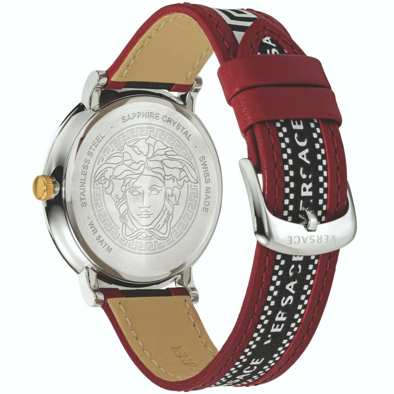 Versace V Circle Silver Dial Two Tone Leather Strap Watch for Men - VEBQ01319