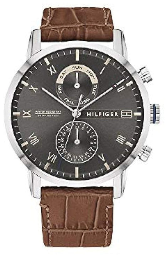 Tommy Hilfiger Kane Grey Dial Brown Leather Strap Watch for Men - 1710398