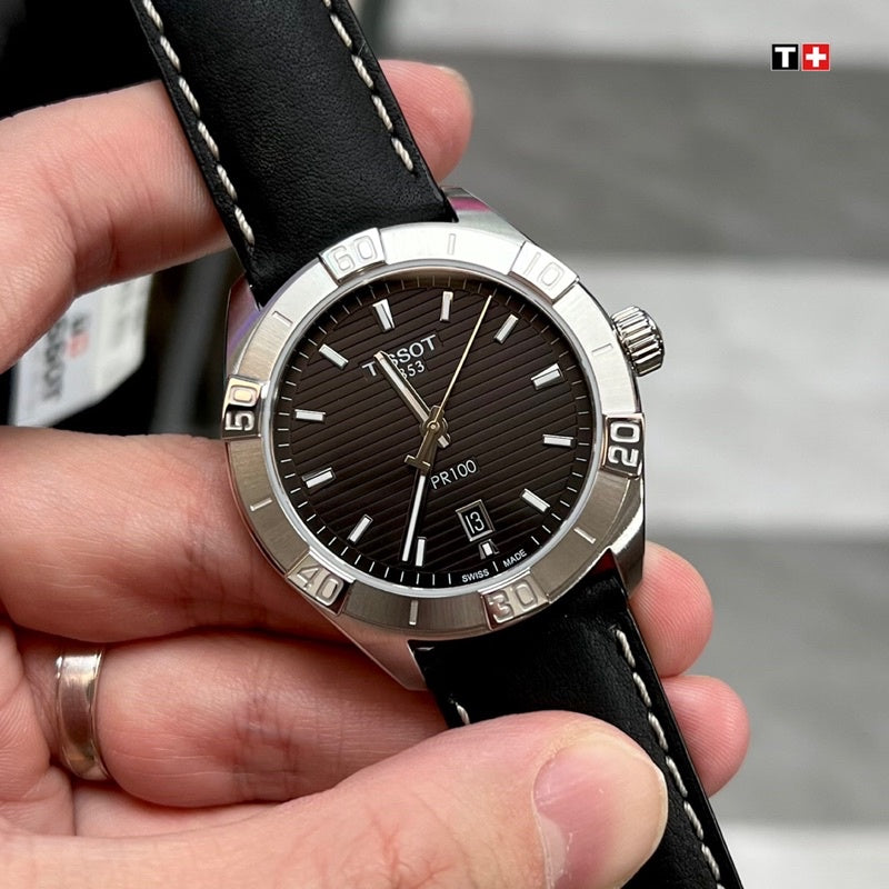 Tissot PR 100 Sport Quartz Chronograph Black Dial Black Leather Strap Watch For Men - T101.617.16.051.00