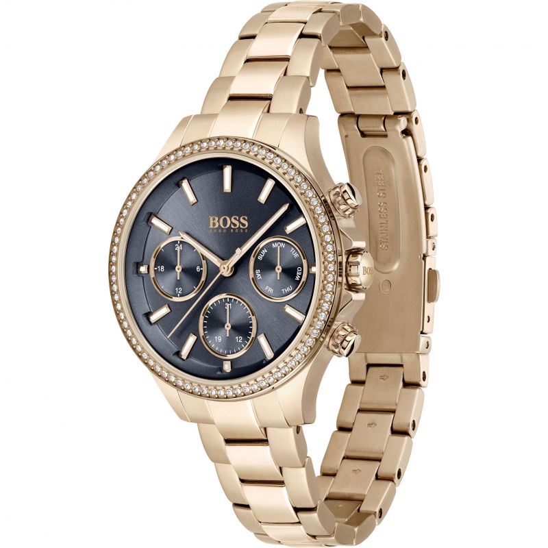 Hugo Boss Hera Black Dial Gold Steel Strap Watch for Women - 1502566
