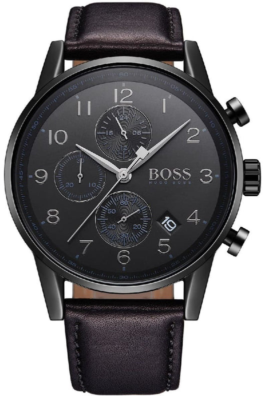 Hugo Boss Navigator Black Dial Black Leather Strap Watch for Men - 1513497