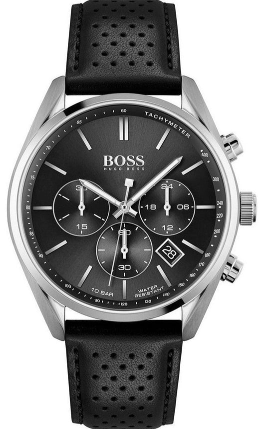 Hugo Boss Champion Black Dial Black Leather Strap Watch for Men - 1513816
